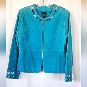 Karen Arnold Turquoise Jeweled Suede Jacket Size Medium‎